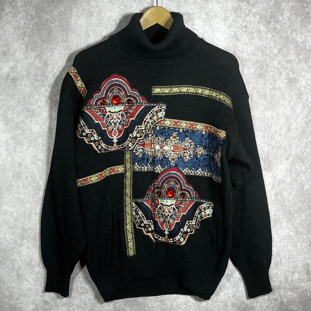 Bonnie & Billy Sweater Womens Small Black Floral Embroidered Knit Turtleneck